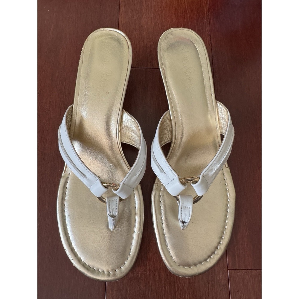 Lilly Pulitzer McKim White Gold Metallic Leather Wedge Sandals Women's 9.5
